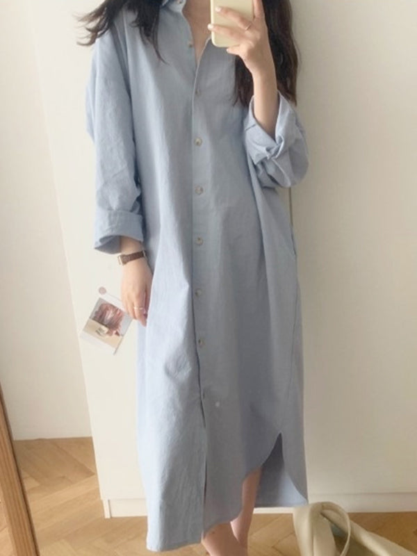 Women Lapel Solid Color Loose Over The Knee Casual Dress