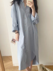 Women Lapel Solid Color Loose Over The Knee Casual Dress