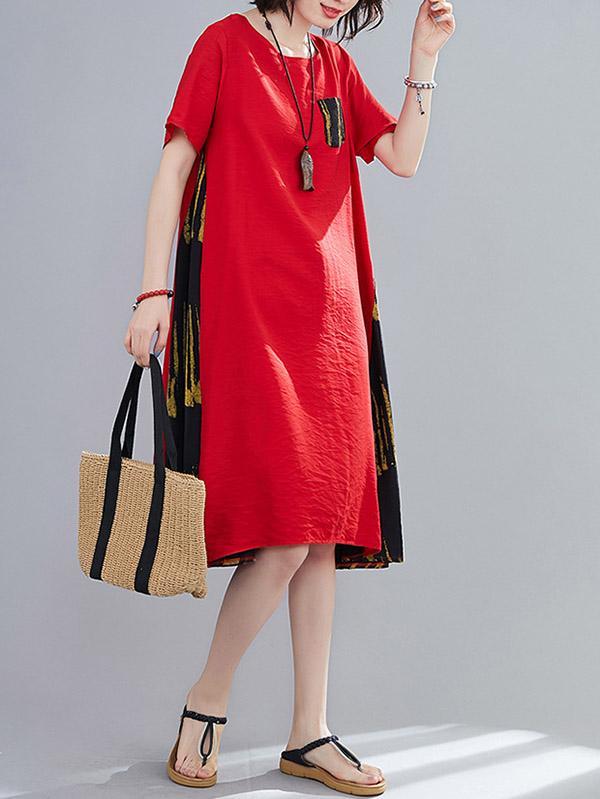 Loose Round Neck Printed Splicing Dress
