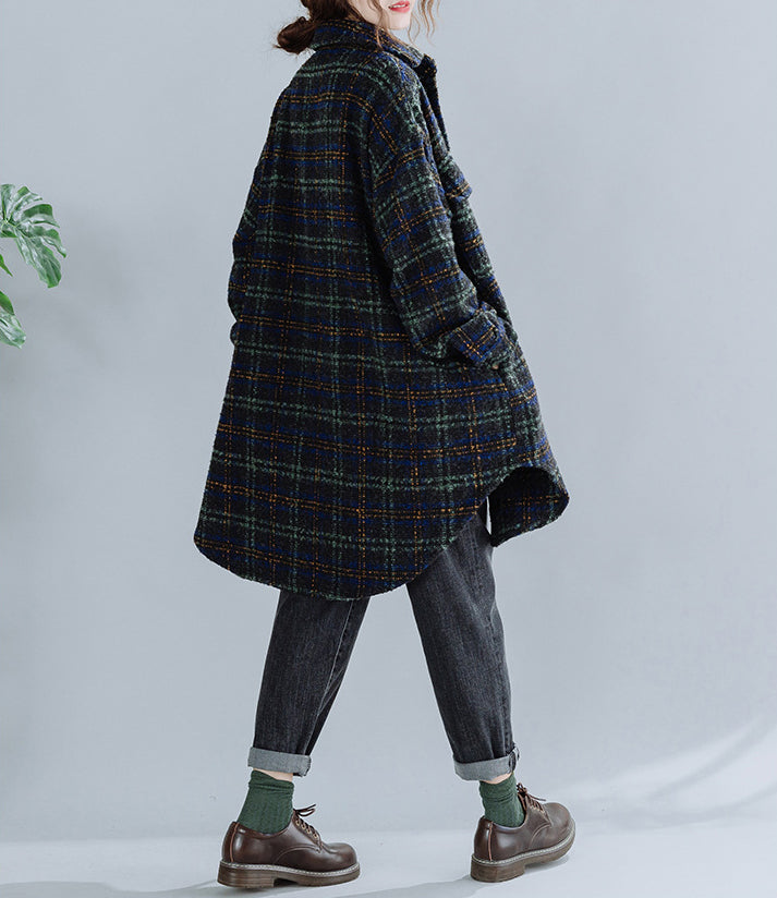 Large Size Loose Mid-Length Plaid Thick Woolen Coat