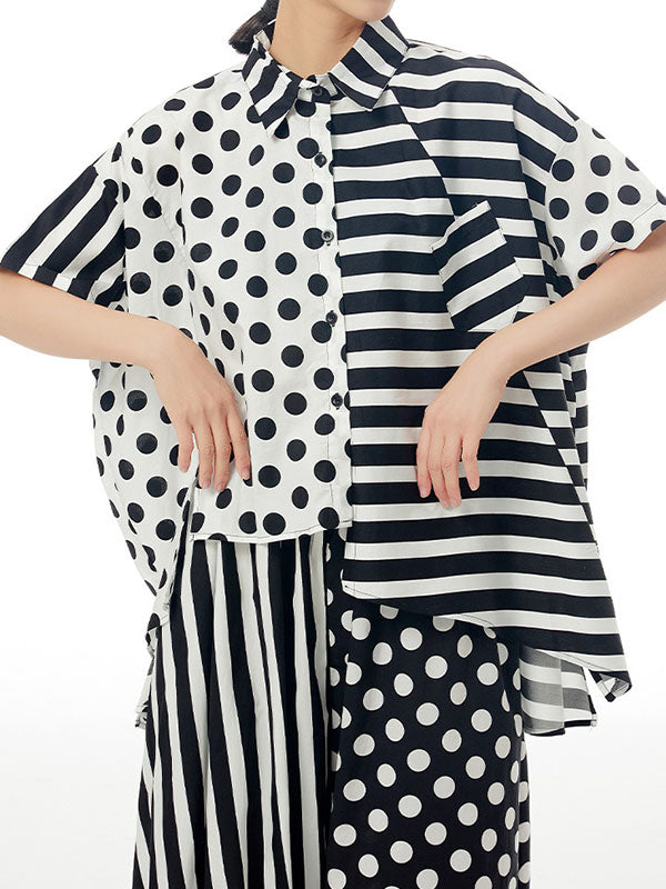 Irregular Clipping Roomy Polka-Dot Split-Joint Striped Lapel Shirts Tops