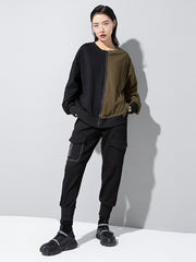 Casual Roomy Long Sleeves Contrast Color Split-Joint Zipper Round-Neck Sweatshirt Tops