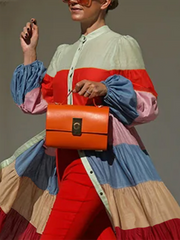 Long Sleeves Loose Buttoned Contrast Color Striped Stand Collar Maxi Dresses Outerwear