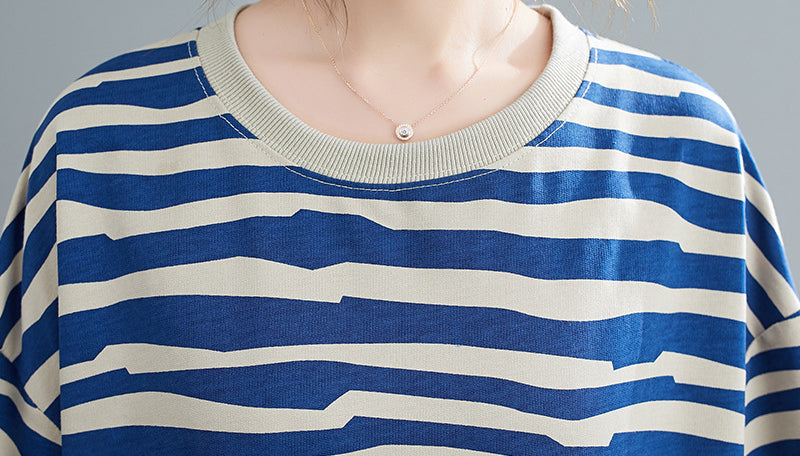 Women Striped Casual Loose Round Neck Contrast Color Pullover Sweatshirt