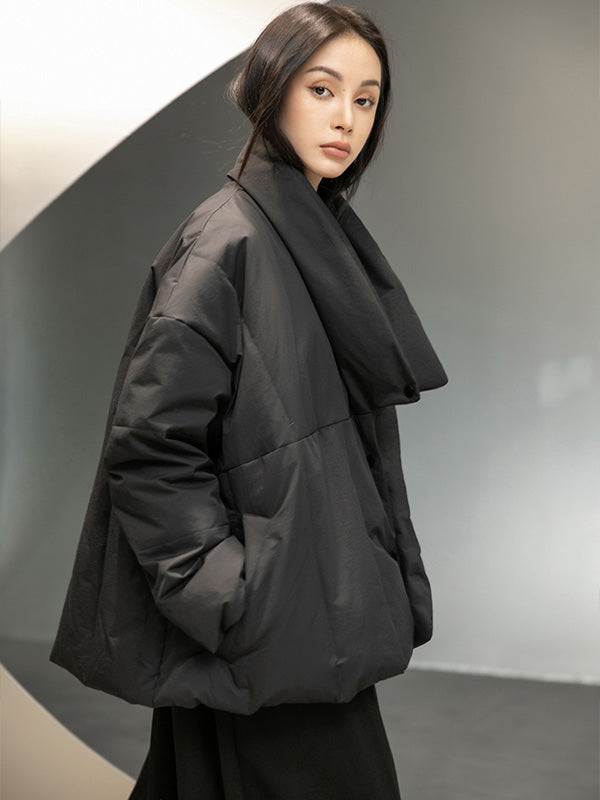Simple Black Retro Irregular Down Jacket