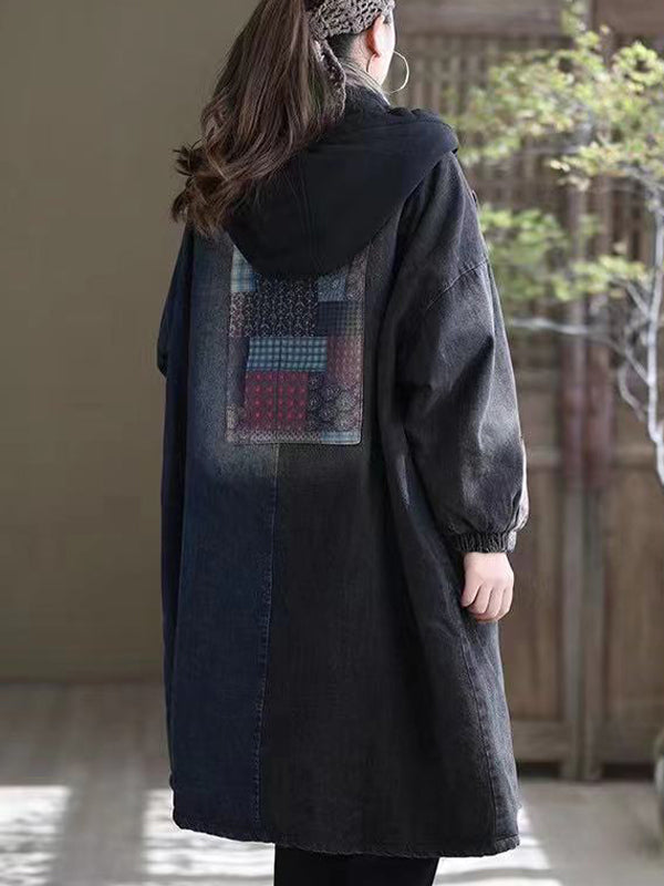 Hooded Loose Patchwork Print Coat