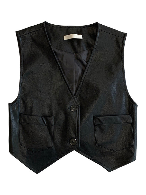 Retro Sleeveless V-Neck Pu Waistcoat