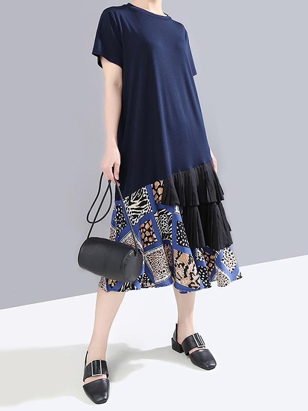 Splicing Cropped Floral Round Neck Dress