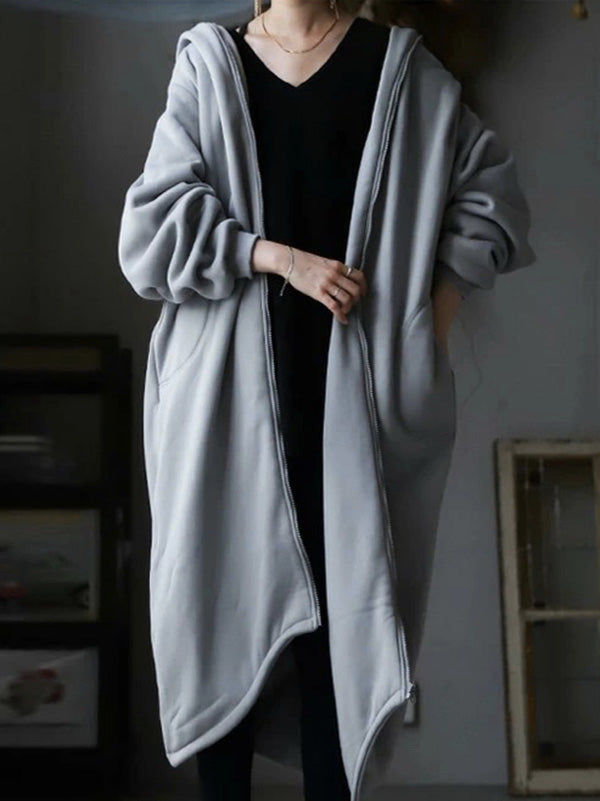 Urban Hooded Solid Color Zipper Batwing Sleeve Long Outerwear