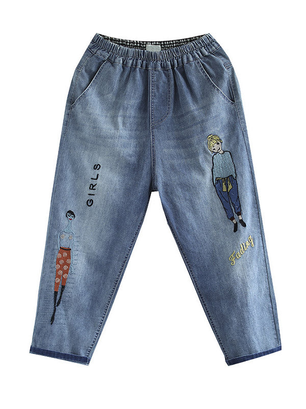 Original Cartoon Printed Denim Capri-Pants