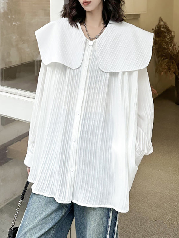 Long Sleeves Roomy Pleated Pure Color Peter Pan Collar Blouses&Shirts Tops