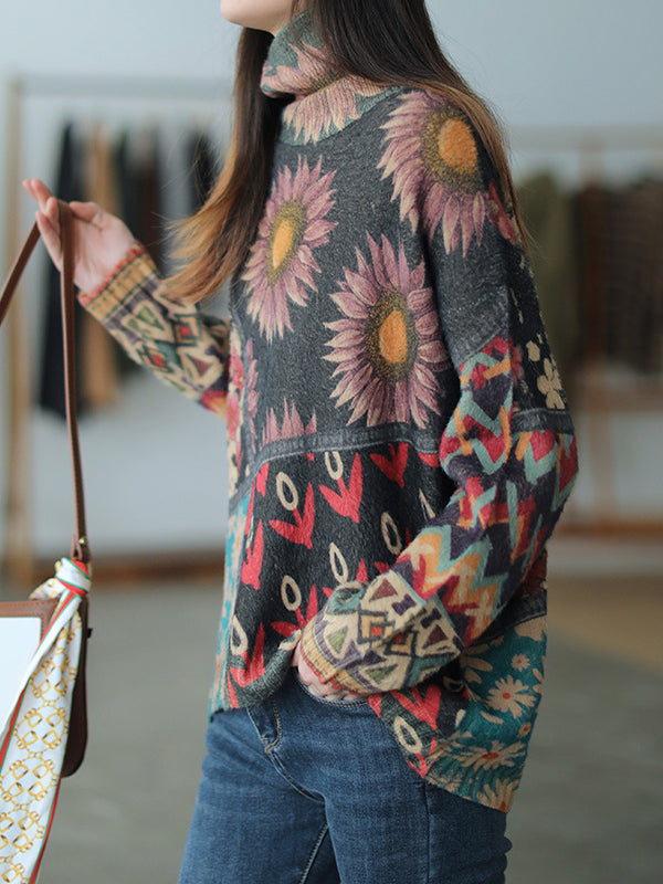 Soft Retro Printed Long Sleeves High Neck Top