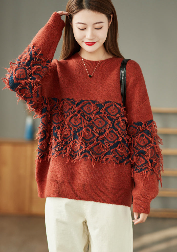 Vintage Jacquard Tassel Round Neck Knitted Loose Sweater