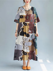 Vintage Abstract Printed Short Sleeves Maxi Dress