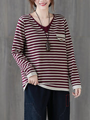 Women V-Neck Casual Striped Knitted Sweater