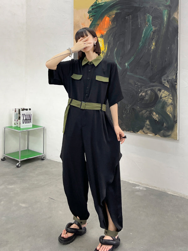 Short Sleeves Slim Color Block Jumpsuit