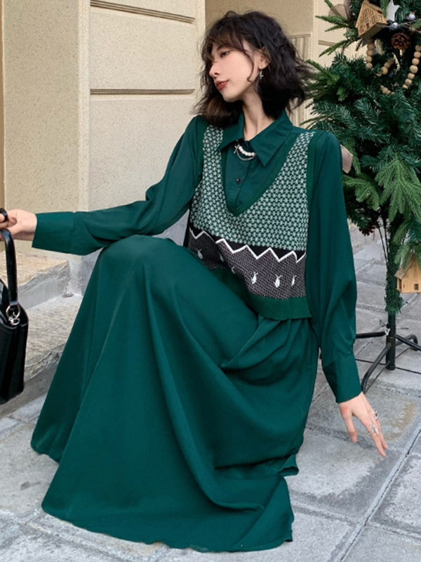 Urban Knitting Vest Split-Joint False Two Midi Dress