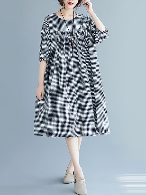 Loose Vintage Puff Sleeve Plaid Dress