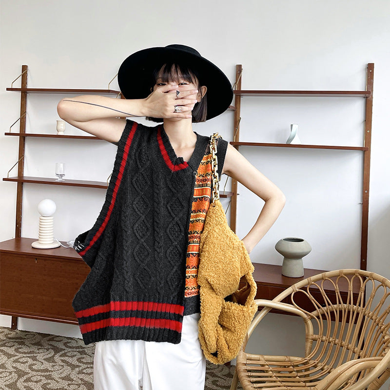 Irregular Contrast Color V-Neck Design Knitted Vest