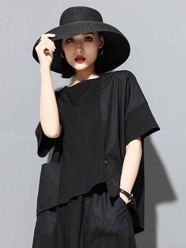 Loose Black Round Neck Cropped T-Shirt