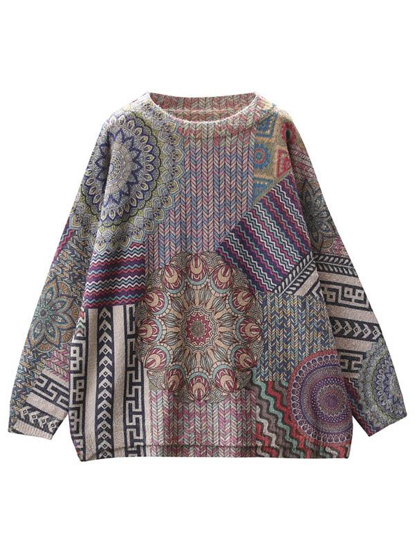 Loose Ethnic Style Print Round Neck Sweater