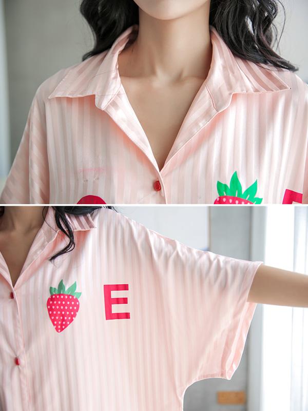 Strawberry Print Striped Ice Silk Loose Pajamas