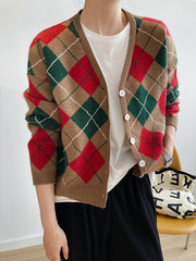 Retro Plaid Print V-Collar Casual Sweater