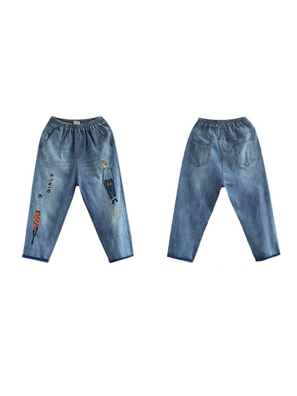 Original Cartoon Printed Denim Capri-Pants