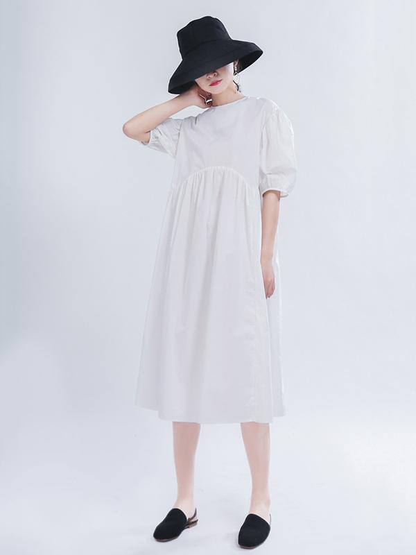 Loose Solid Color Puff Sleeve A-Line Dress