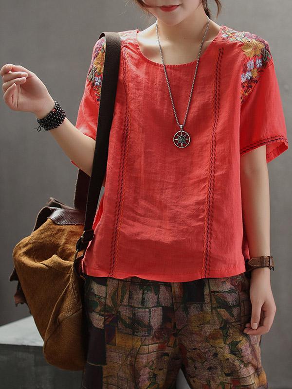 Vintage Embroidered Linen Round Collar T-Shirt