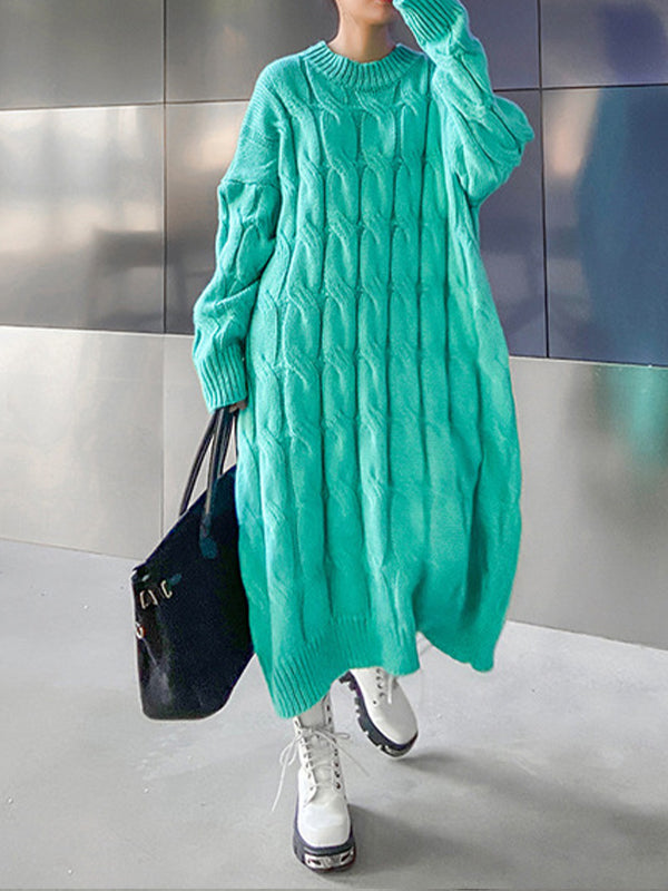 Women Padded Pullover Round Neck Sweater Dress