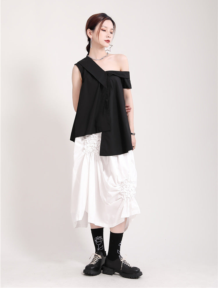 Women Lace Up Big Bow Irregular Slanted Shoulder Shirt