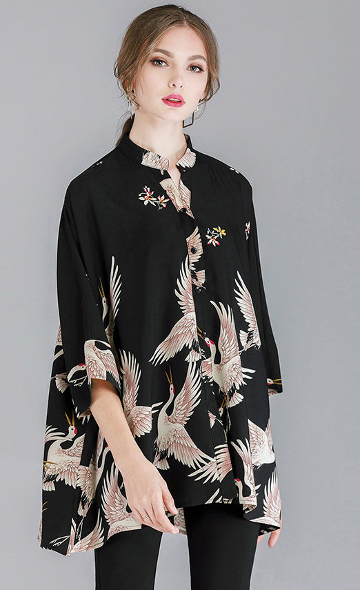 Crane Print Loose Oversized Shirt