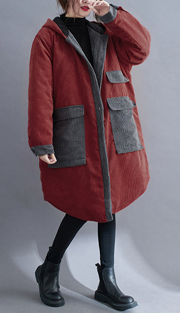 Loose Corduroy Large Pockets Thick Hooded Mid-Length Cotton Coat