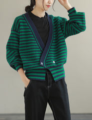 Loose Casual V-Neck Stitching Striped Sweater Coat