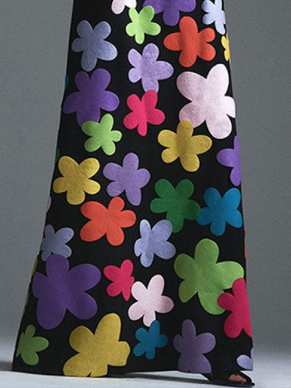 Long Sleeves Asymmetric Floral Round-Neck Maxi Dresses
