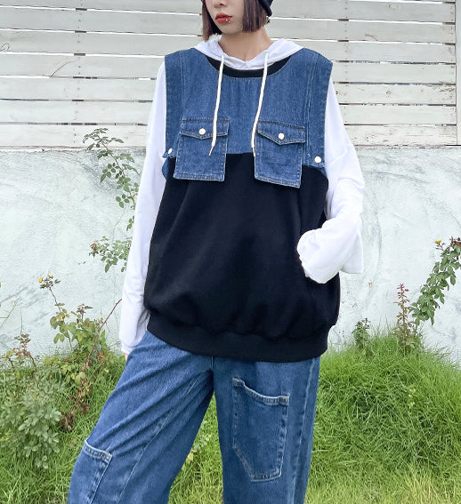 Denim Suits Loose Stitching Vest With Casual Pants