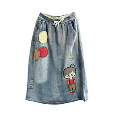 Embroidered Retro A-Line Denim Skirt