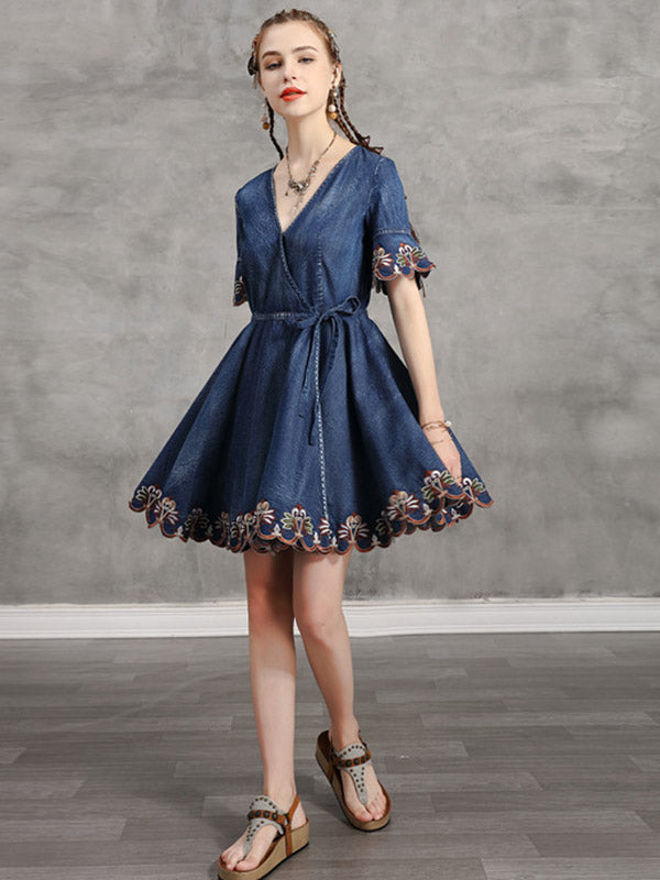 Original Applique V-Neck Denim Dress