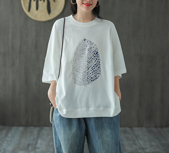 Leaf Printed Summer Half Sleeve Cotton T-Shirt