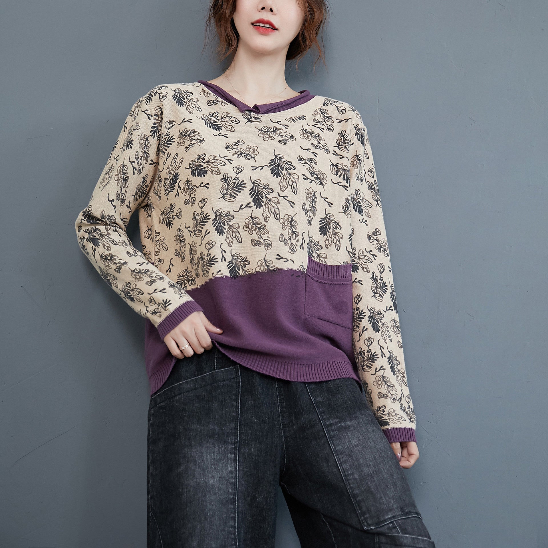 Women Retro Floral Contrast Stitching Sweater