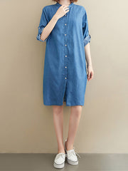 Casual Stand Collar Solid Denim Shirt Dress