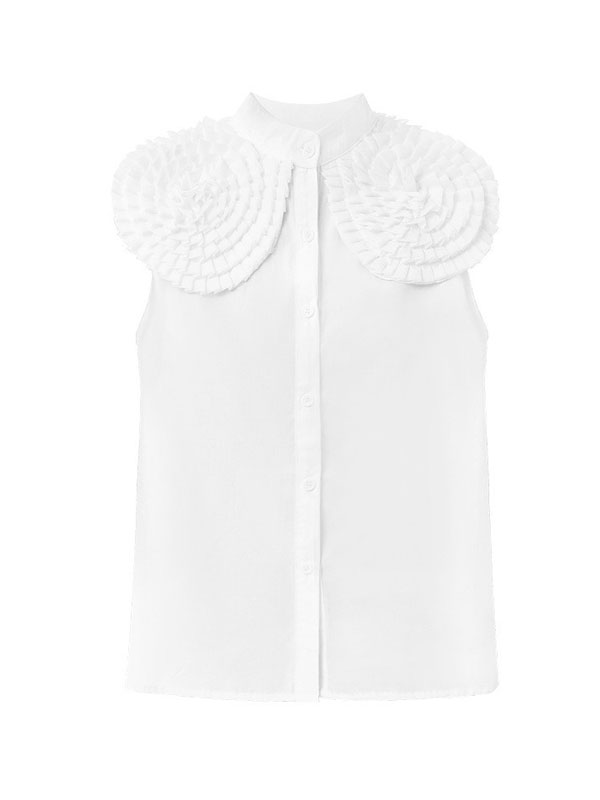 Sleeveless Floral Pure Color Stand Collar Blouses