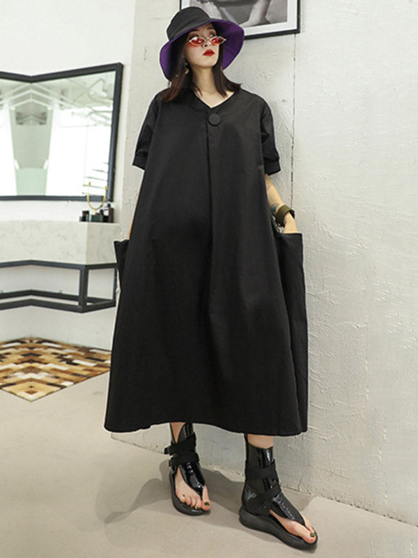 Vintage Roomy Black V-Neck Midi Dress