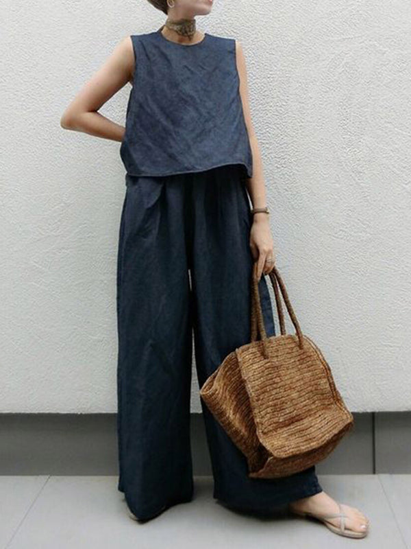 Solid Color Sleeveless Shirt Reveals Skinny Wide Leg Pants Suit