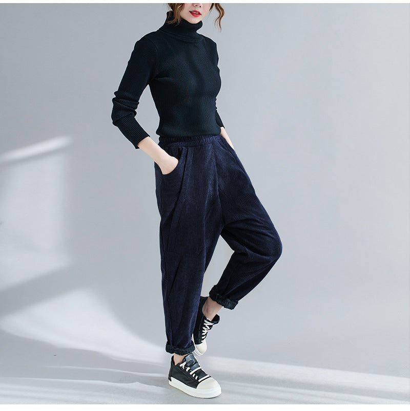 Women Striped Loose Plus Velvet Padded Lantern Casual Pants
