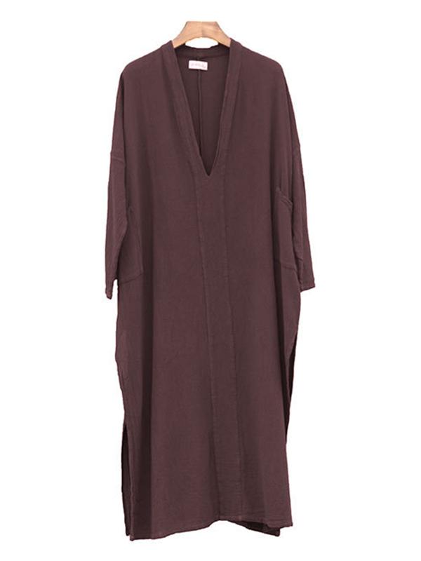 Solid Color  Loose V-Neck Split-Side Dress