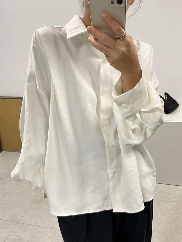 Simple Long Sleeves Loose Buttoned Pleated Solid Color Lapel Collar Blouses&Shirts Tops