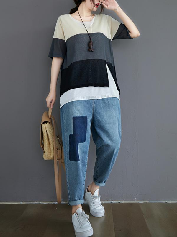 Loose False-Two Light Knitting Striped T-Shirts