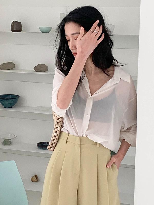 Solid Color See-Through Loose Shirt